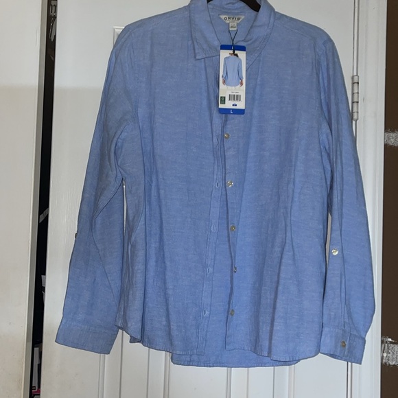 NWT Orvis long sleeve blue linen and rayon top roll cuff with buttons size large - Picture 8 of 9